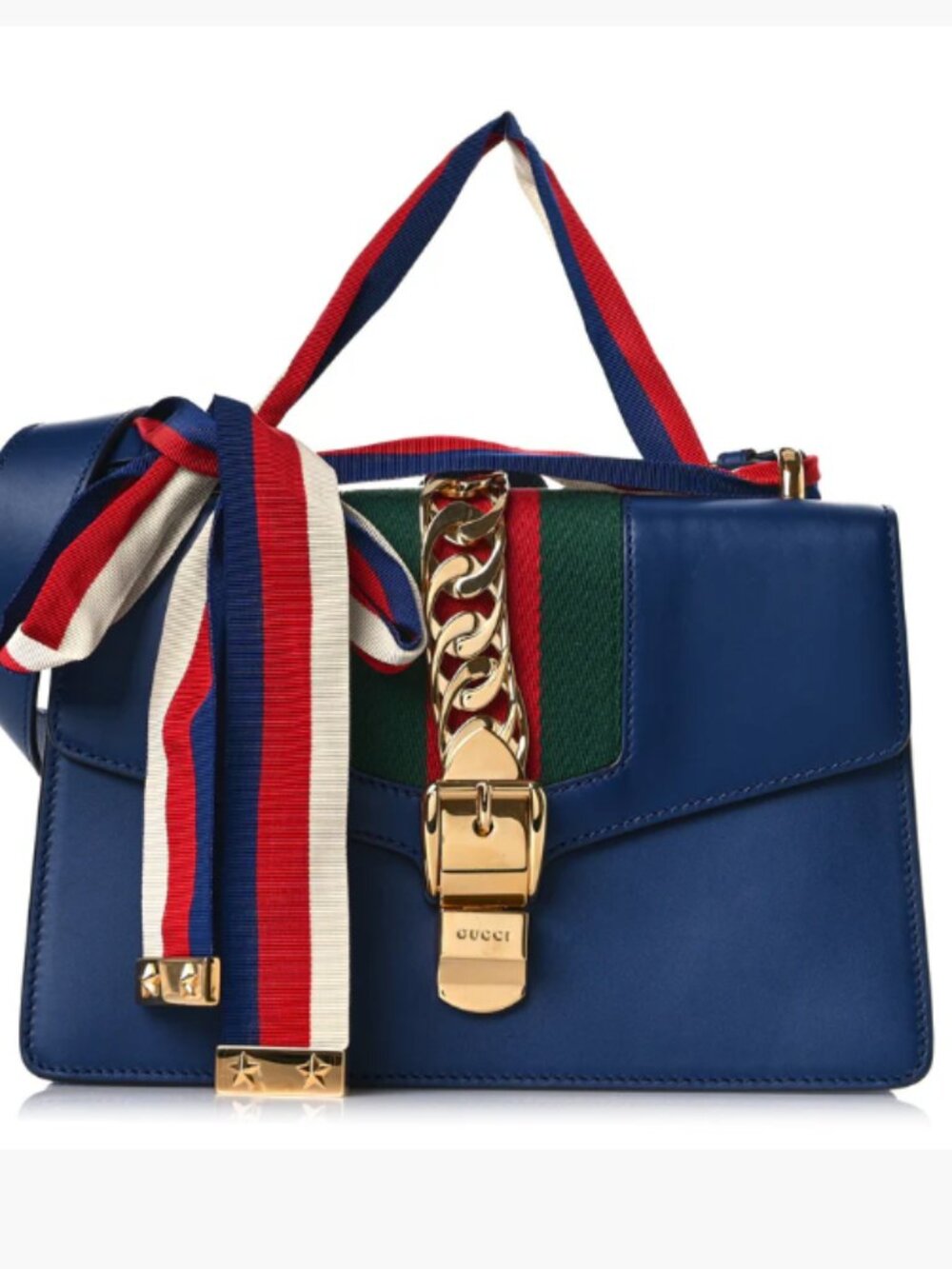 Gucci Vitello Fontanella Web Small Sylvie Shoulder Bag Blue Agata